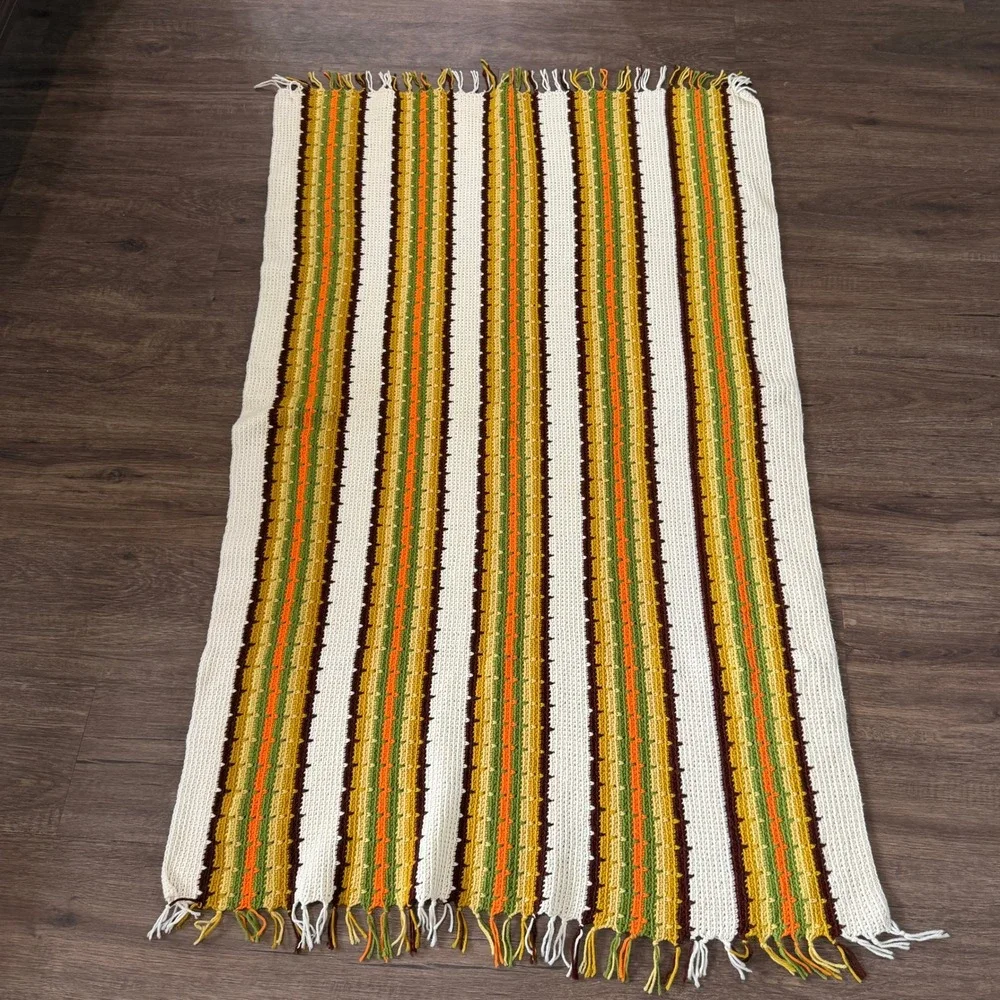 Handmade Crochet Afghan Throw Blanket MCM Boho Retro Striped Fringe Earthy 40x68